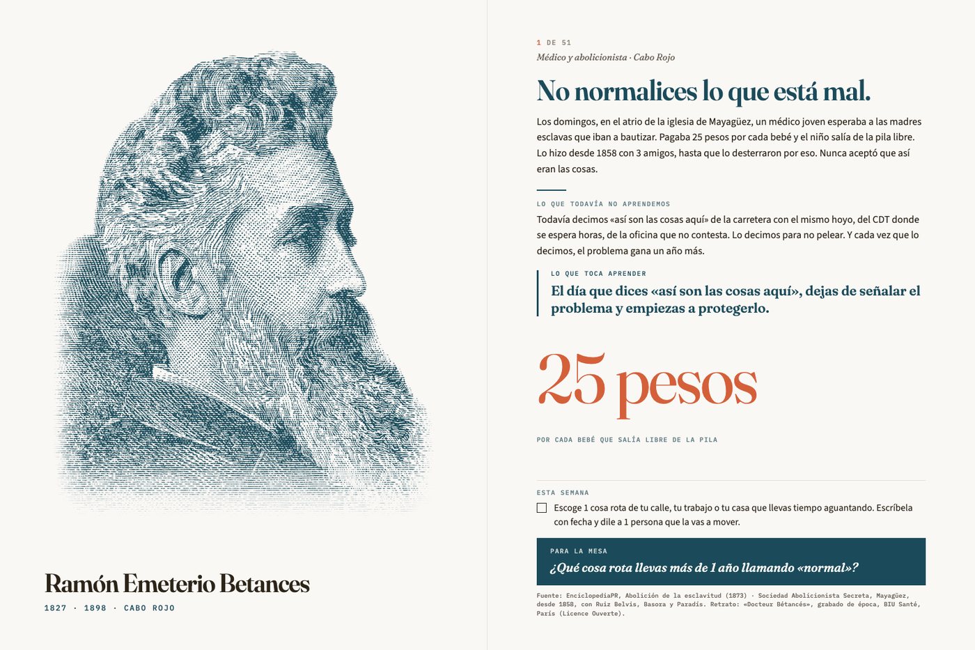Doble página de Ramón Emeterio Betances: grabado, la lección «No normalices lo que está mal», el hecho, lo que todavía no aprendemos, y la cifra 25 pesos